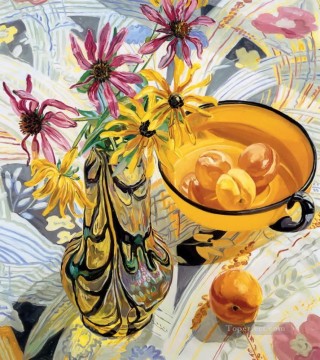 静物 Painting - ガラスの花と桃 JF リアリズム静物画
